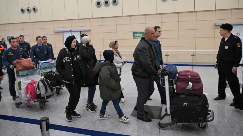 Эвакуированные из Газы третьим рейсом проходят зону досмотра в Домодедово